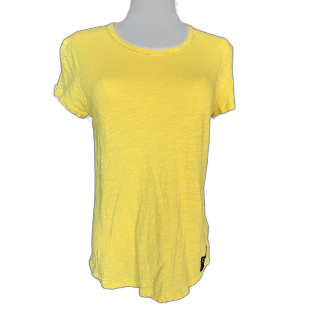 Calvin Klein Jeans Yellow Knit T-Shirt Women's Small Logo Patch Casual Tee